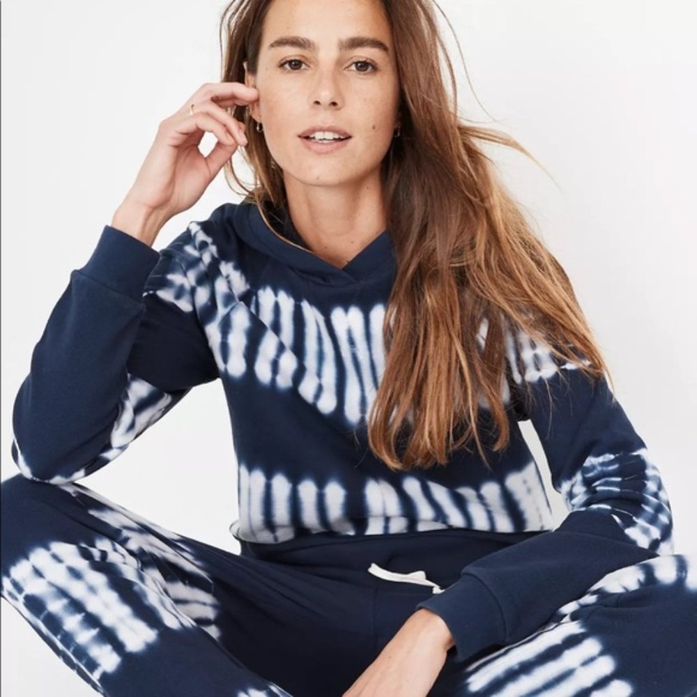 Madewell Women's Size Large Cotton Retro Hoodie Sweatshirt Tie Dye Navy Blue